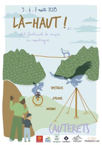 illustration avec un paysage de montagne, des vautours dessinés, un écureuil qui fait du monocycle, un bouquetin sur une corde tendue