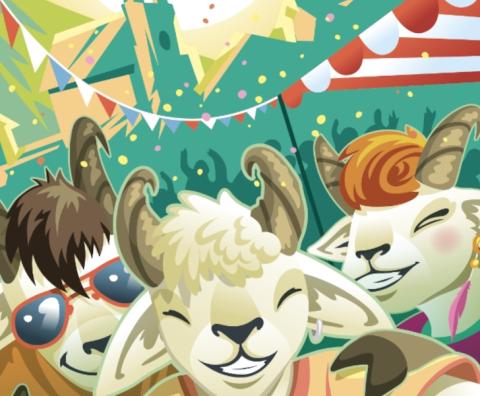 illustration avec 3 moutons qui se prennent en selfie dans une ambiance de fête de village