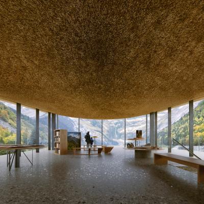 Vue d'artiste du projet du Cabinet Kengo Kuma. Plafond de chaume.