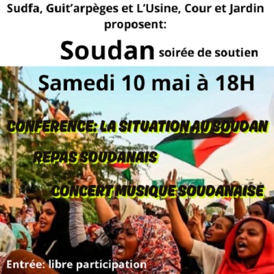 L'affiche de la soirée de soutien pour la paix au Soudan avec Sudfa, Guit'arpèges et l'Usine, Cour et Jardin.