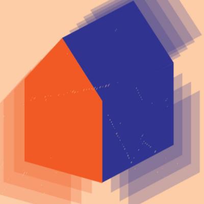 Illustration d'une maison orange et bleu sur fond orange clair. écrit : les petits poissons, barré, remplacé par artistes, dans l'eau nagent aussi bien que les gros