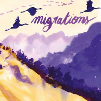 une illustration en jaune et violet des pyrénées avec des migrations d'humains et d'oiseaux