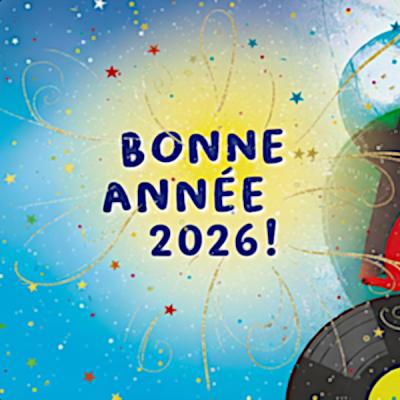 marmottes dansant sur décor de montagne avec écrit bonne année 2026 dans un feu d'artifice doré