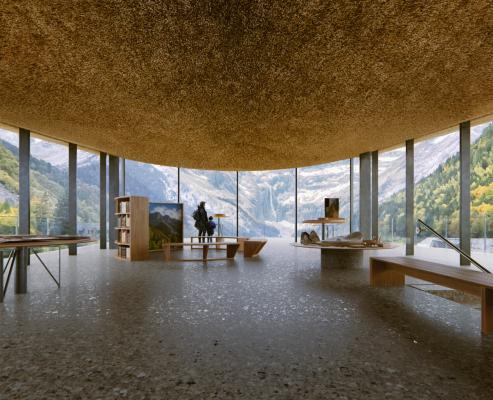 Vue d'artiste du projet du Cabinet Kengo Kuma. Plafond de chaume.