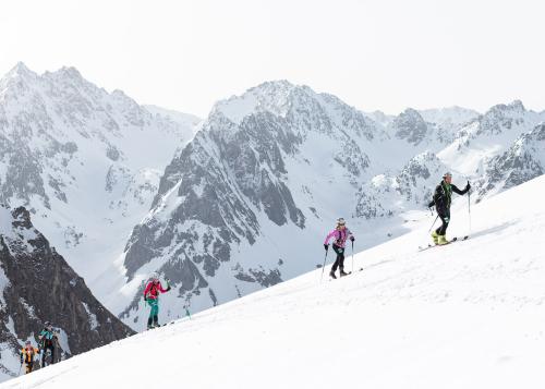 paysage de montagnes enneigées avec skieur en randonnée