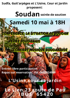 L'affiche de la soirée de soutien pour la paix au Soudan avec Sudfa, Guit'arpèges et l'Usine, Cour et Jardin.