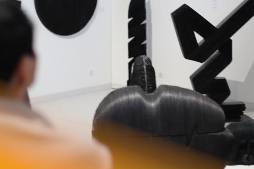 Des sculptures noires dans une pièce blanche et une personne regardant.
