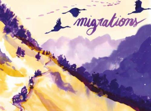 une illustration en jaune et violet des pyrénées avec des migrations d'humains et d'oiseaux