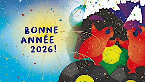 marmottes dansant sur décor de montagne avec écrit bonne année 2026 dans un feu d'artifice doré